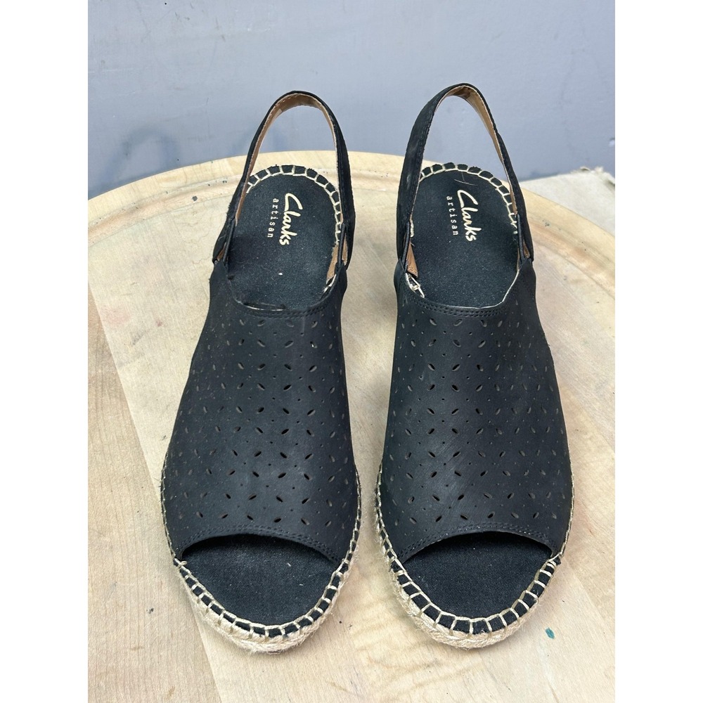 Clarks Artisan Wedge Shoes Womens Size 10 Black Espadrille Slingback Sandals - Picture 2 of 11